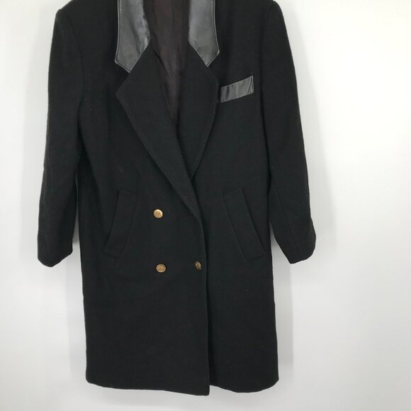 ADA Vintage Black Double-Breasted Wool Coat Leather Lapels & Gold crest Buttons - Picture 2 of 5